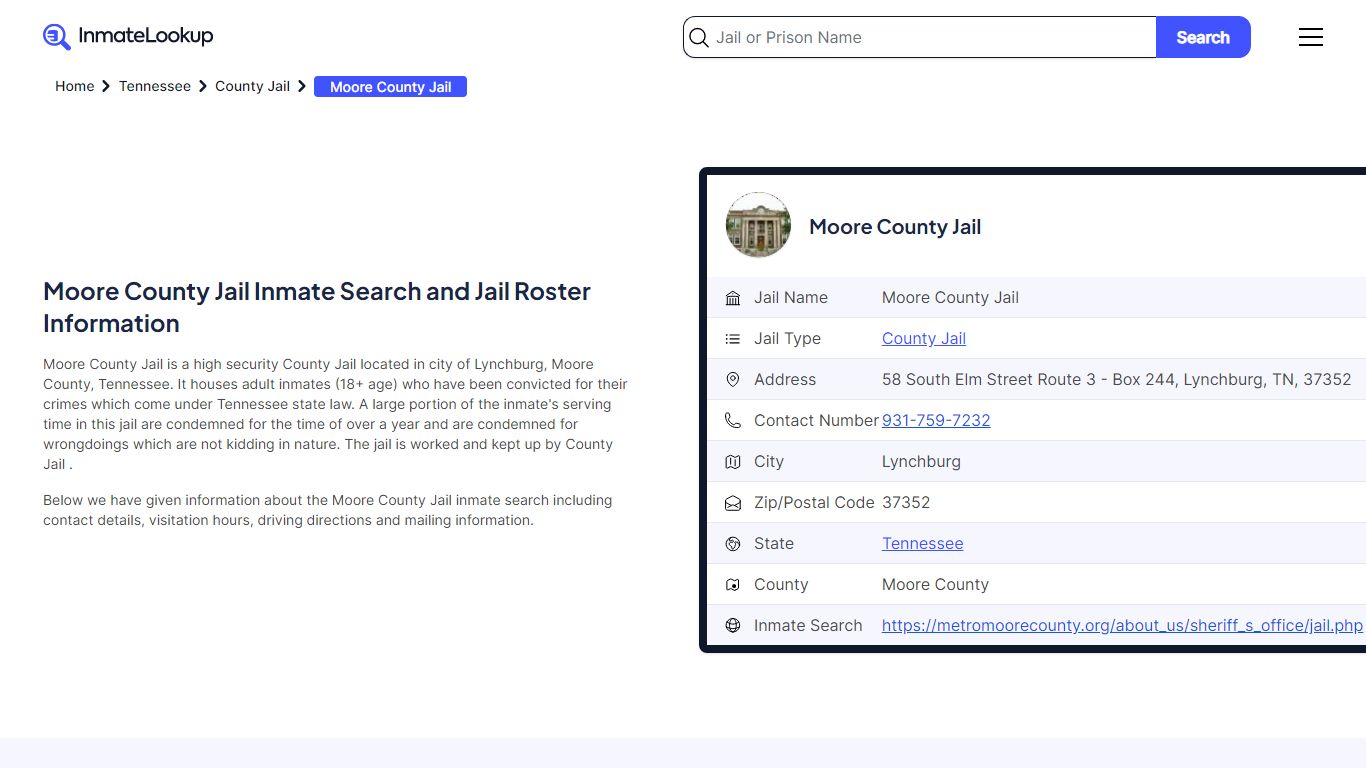 Moore County Jail Inmate Search - Lynchburg Tennessee - Inmate Lookup